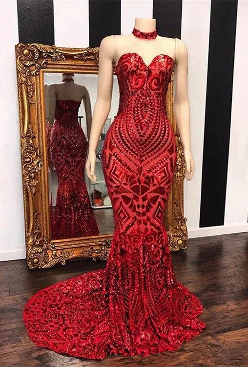 Sexy Red Sequins Mermaid Sweetheart Long Evening Gowns by misshow.com