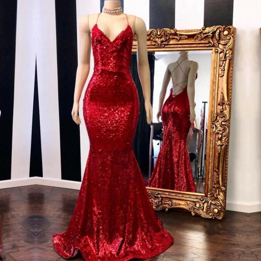 Sexy Red Sequins Spaghetti Straps Mermaid Evening Gowns by misshow.com