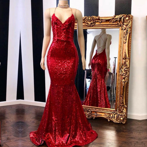 Sexy Red Sequins Spaghetti Straps Mermaid Evening Gowns