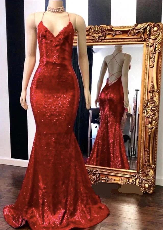 Sexy Red Sequins Spaghetti Straps Mermaid Evening Gowns by misshow.com