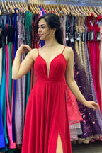 Sexy Red V-Neck Side Split Prom Dress Spaghetti Straps by misshow.com