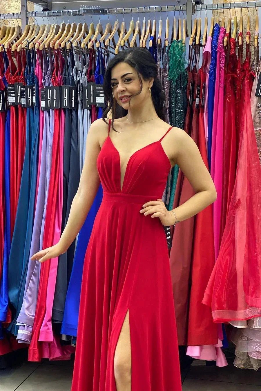 Sexy Red V-Neck Side Split Prom Dress Spaghetti Straps by misshow.com