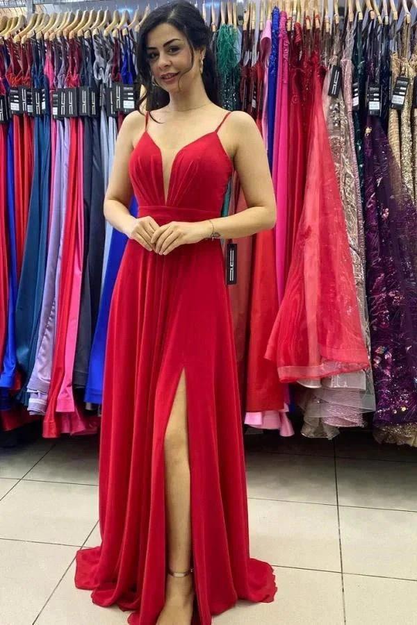 Sexy Red V-Neck Side Split Prom Dress Spaghetti Straps by misshow.com