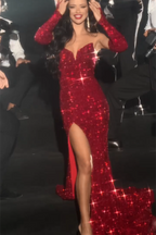 Sexy Red V-neck Sleeveless Sequined Split Front Mermaid Prom Dress