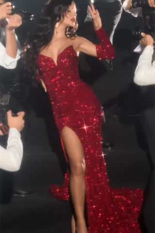 Sexy Red V-neck Sleeveless Sequined Split Front Mermaid Prom Dress