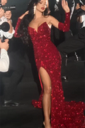 Sexy Red V-neck Sleeveless Sequined Split Front Mermaid Prom Dress by misshow.com