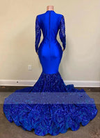 Sexy Royal Blue Long Mermaid V Neck Prom Dresses with Sleeves by BIZTUNNEL