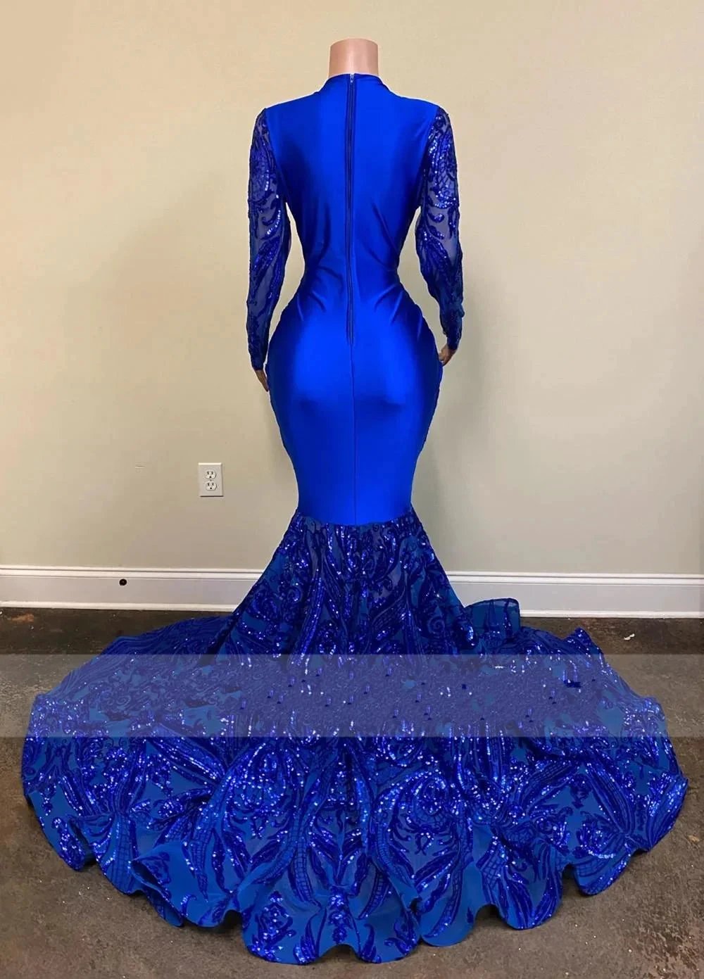 Sexy Royal Blue Long Mermaid V Neck Prom Dresses with Sleeves by BIZTUNNEL