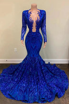 Sexy Royal Blue Long Mermaid V Neck Prom Dresses with Sleeves by BIZTUNNEL