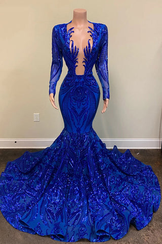 Sexy Royal Blue Long Mermaid V Neck Prom Dresses with Sleeves