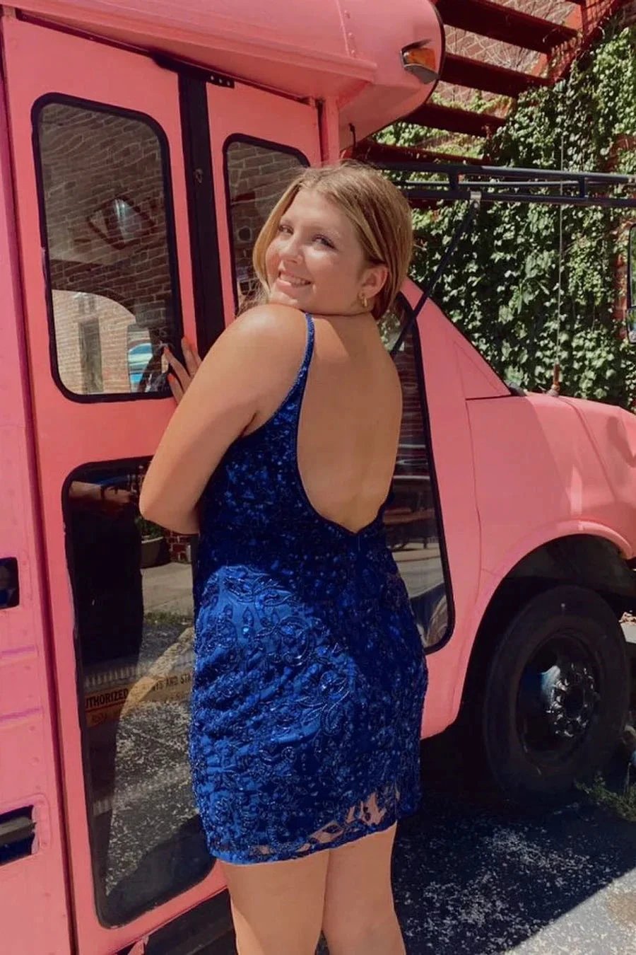Sexy Royal Blue V-neck Spaghetti Straps Sleeveless Short Homecoming Dresses by misshow.com