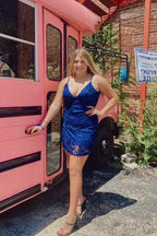 Sexy Royal Blue V-neck Spaghetti Straps Sleeveless Short Homecoming Dresses by misshow.com