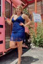 Sexy Royal Blue V-neck Spaghetti Straps Sleeveless Short Homecoming Dresses by misshow.com