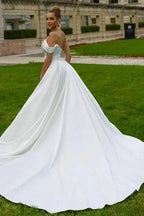 Sexy Satin A-line Off-the-shoulder Sleeveless Sequined Wedding Dress With Slit by misshow.com