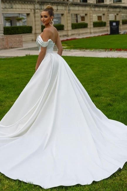 Sexy Satin A-line Off-the-shoulder Sleeveless Sequined Wedding Dress With Slit Main Image