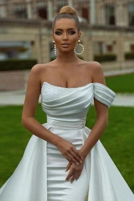 Sexy Satin A-line Off-the-shoulder Sleeveless Sequined Wedding Dress With Slit by misshow.com