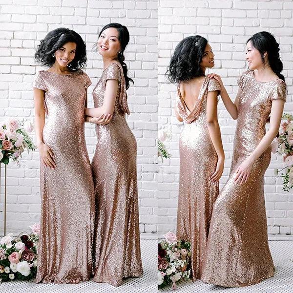 Sexy Sequined Bridesmaid Dresses Rose Gold Long Wedding Guest Dresses by misshow.com