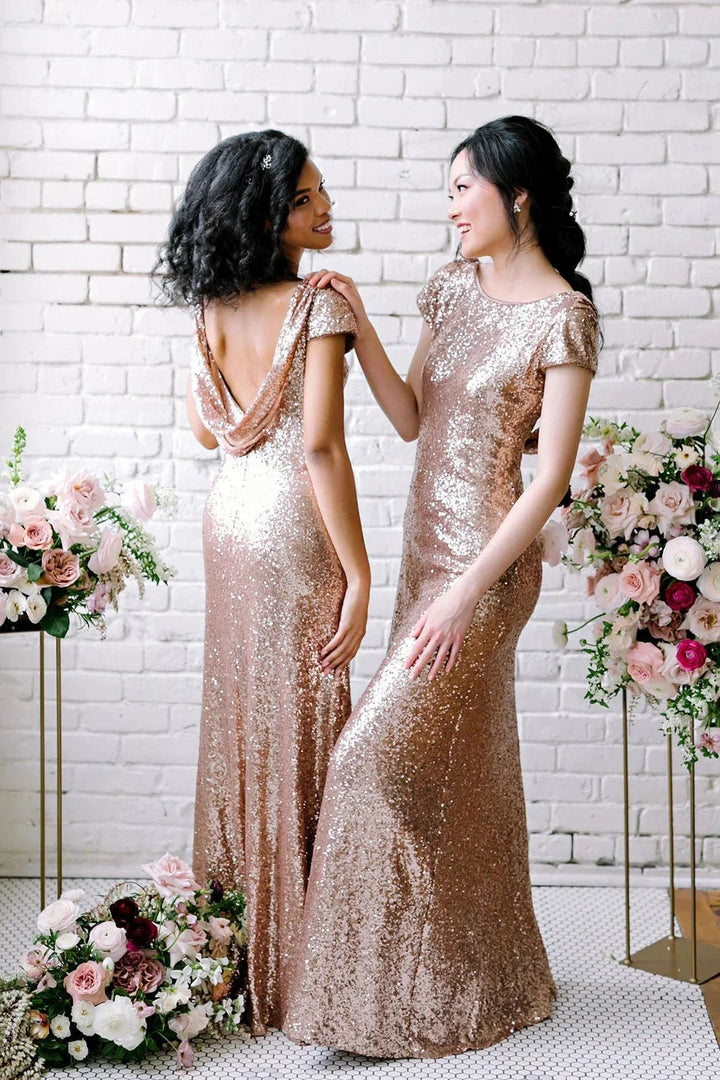 Sexy Sequined Bridesmaid Dresses Rose Gold Long Wedding Guest Dresses by misshow.com
