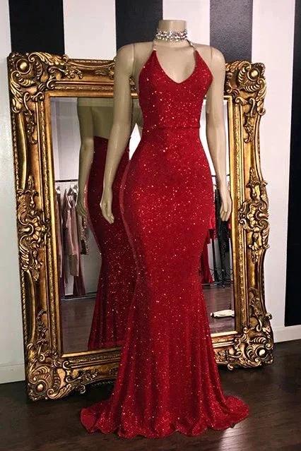 Sexy Sequins Sleeveless Mermaid Prom Dresses | Glitter Halter Red Evening Gowns by misshow.com