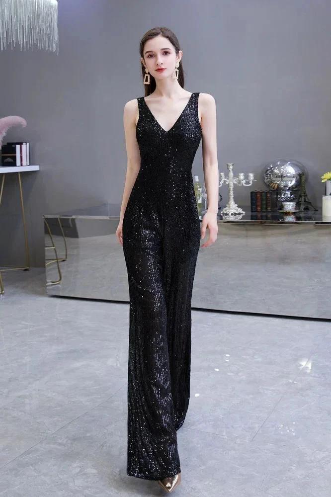Sexy Shining V-neck Silver Sequin Sleeveless Prom Jumpsuit by misshow.com
