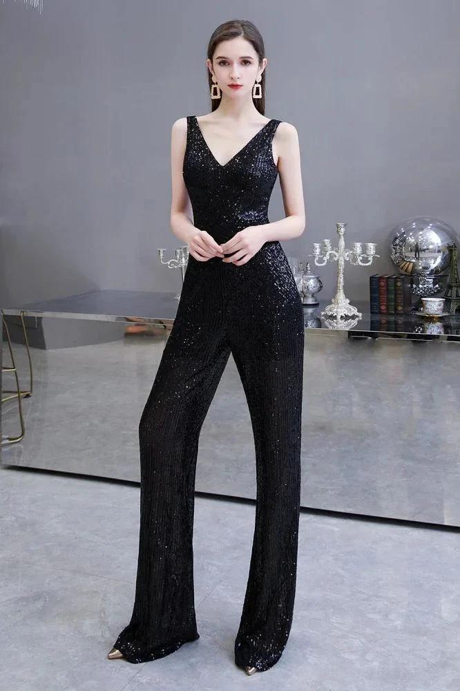 Sexy Shining V-neck Silver Sequin Sleeveless Prom Jumpsuit by misshow.com