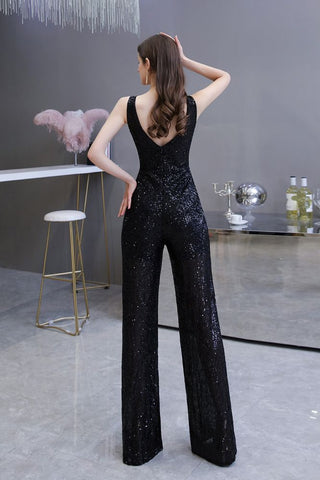 Sexy Shining V-neck Silver Sequin Sleeveless Prom Jumpsuit