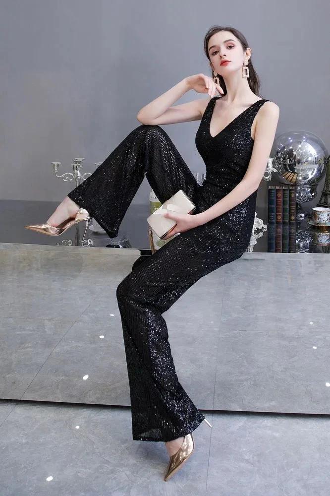 Sexy Shining V-neck Silver Sequin Sleeveless Prom Jumpsuit by misshow.com