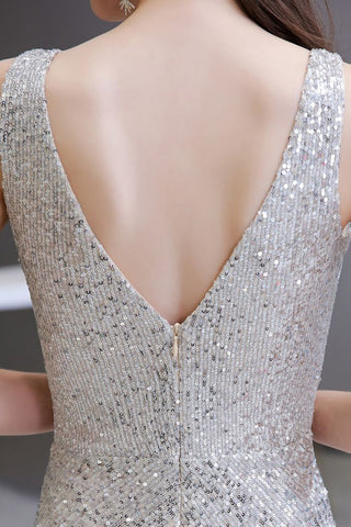 Sexy Shining V-neck Silver Sequin Sleeveless Prom Jumpsuit