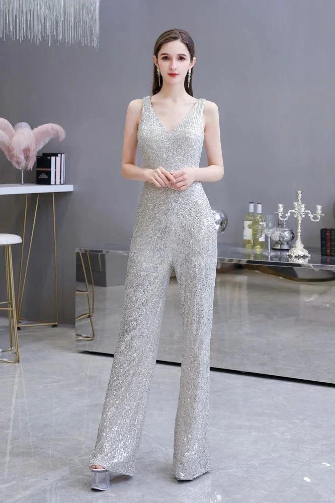 Sexy Shining V-neck Silver Sequin Sleeveless Prom Jumpsuit by misshow.com