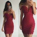 Sexy Short Sheath Off-the-shoulder Burgundy Prom Dress by BIZTUNNEL