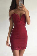 Sexy Short Sheath Off-the-shoulder Burgundy Prom Dress by BIZTUNNEL
