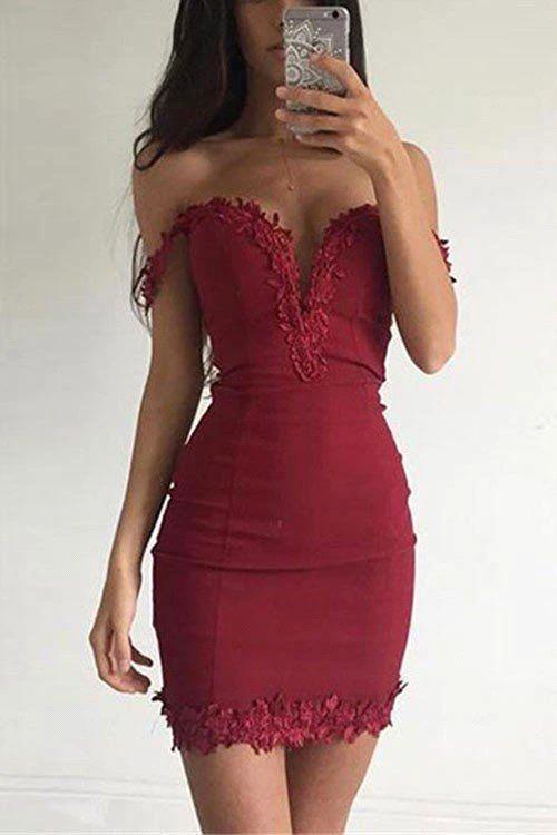 Sexy Short Sheath Off-the-shoulder Burgundy Prom Dress by BIZTUNNEL