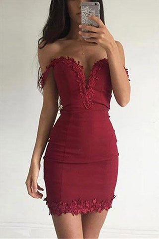Sexy Short Sheath Off-the-shoulder Burgundy Prom Dress