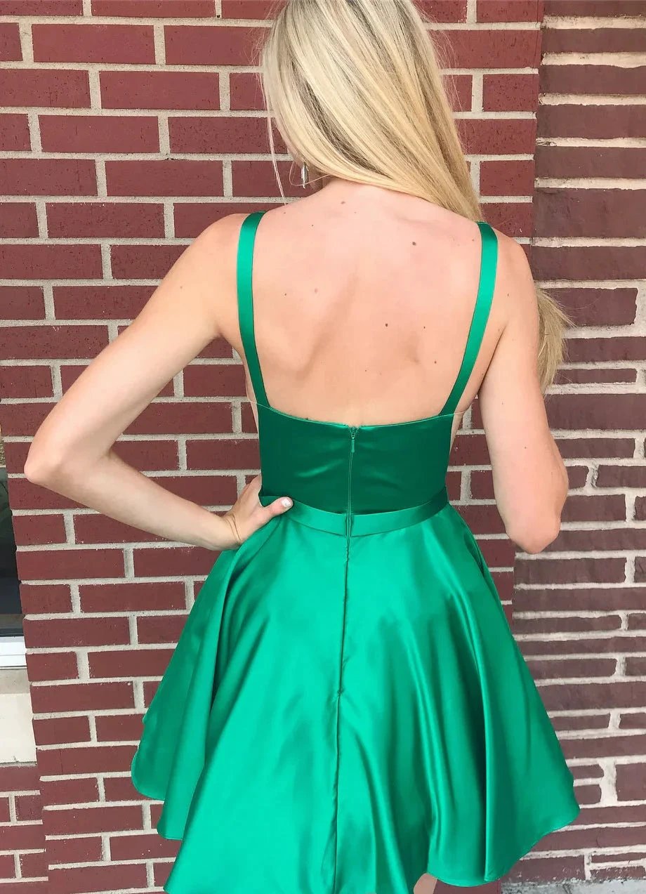 Sexy Short V-Neck Straps Satin Backless Homecoming Dress by BIZTUNNEL