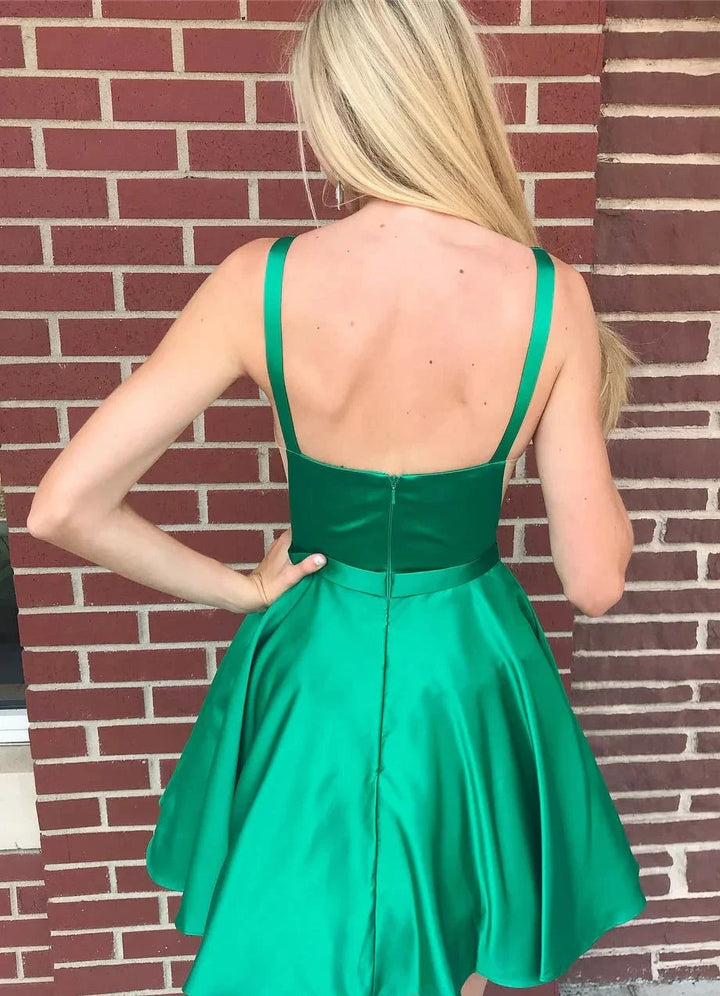 Sexy Short V-Neck Straps Satin Backless Homecoming Dress by BIZTUNNEL