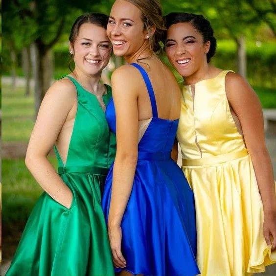 Sexy Short V-Neck Straps Satin Backless Homecoming Dress by BIZTUNNEL
