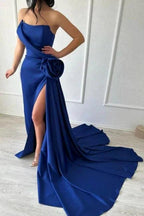Sexy Simple Long Royal Blue Strapless Satin Prom Dress With Slit by misshow.com