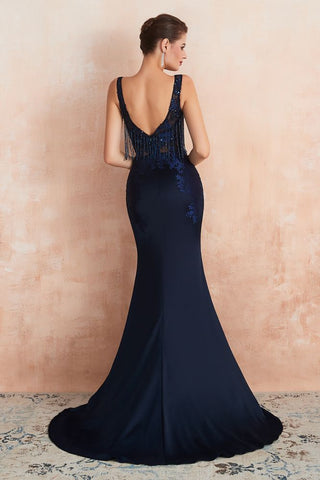 Sexy Sleeveless Mermaid Prom Dress Backless Satin Sparkly Sequins Evening Gown