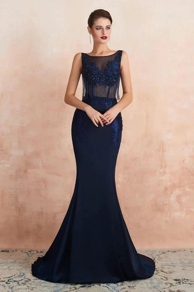 Sexy Sleeveless Mermaid Prom Dress Backless Satin Sparkly Sequins Evening Gown by misshow.com