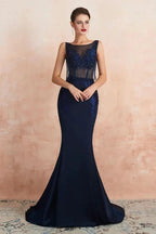 Sexy Sleeveless Mermaid Prom Dress Backless Satin Sparkly Sequins Evening Gown by misshow.com