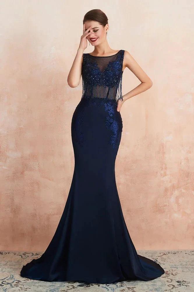 Sexy Sleeveless Mermaid Prom Dress Backless Satin Sparkly Sequins Evening Gown by misshow.com
