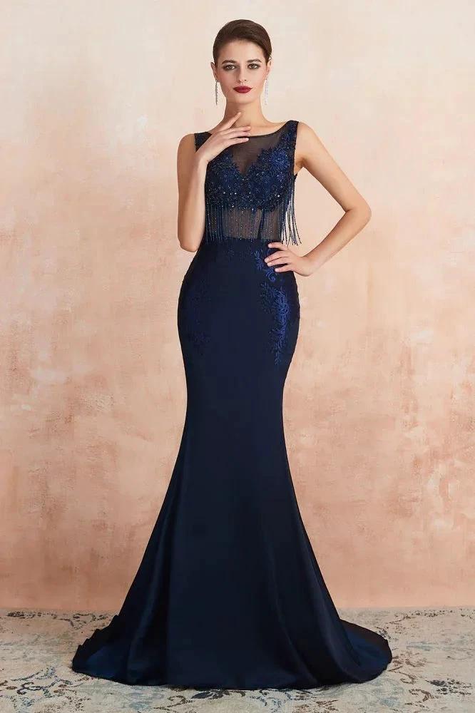 Sexy Sleeveless Mermaid Prom Dress Backless Satin Sparkly Sequins Evening Gown by misshow.com