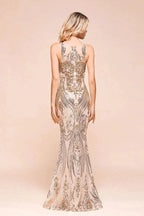 Sexy Sleeveless Mermaid Prom Gown Sparkly Gold Pattern Floor Length Straps Evening Dress by misshow.com