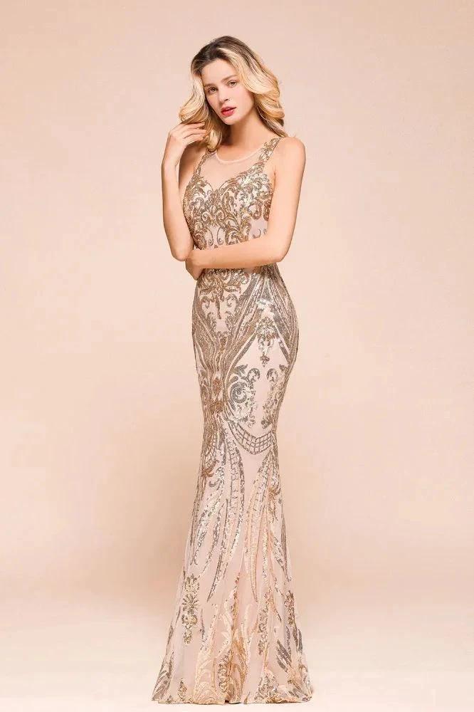 Sexy Sleeveless Mermaid Prom Gown Sparkly Gold Pattern Floor Length Straps Evening Dress by misshow.com