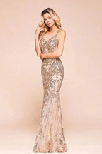 Sexy Sleeveless Mermaid Prom Gown Sparkly Gold Pattern Floor Length Straps Evening Dress by misshow.com