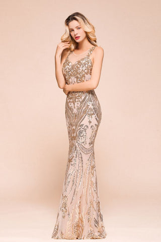 Sexy Sleeveless Mermaid Prom Gown Sparkly Gold Pattern Floor Length Straps Evening Dress