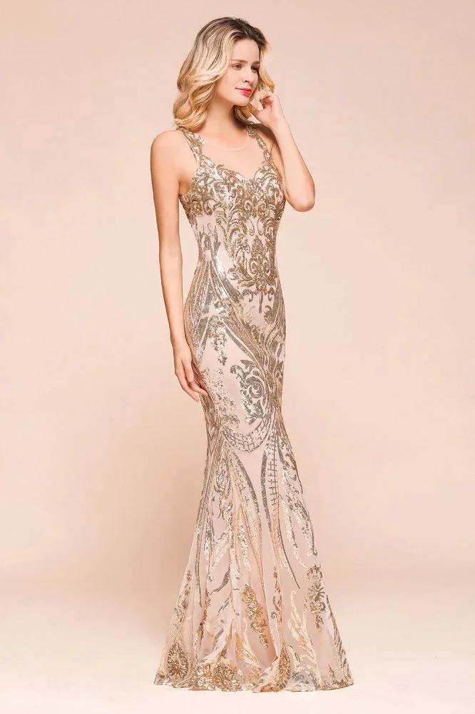 Sexy Sleeveless Mermaid Prom Gown Sparkly Gold Pattern Floor Length Straps Evening Dress by misshow.com