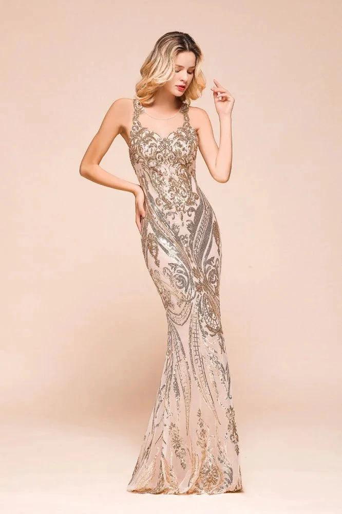 Sexy Sleeveless Mermaid Prom Gown Sparkly Gold Pattern Floor Length Straps Evening Dress by misshow.com