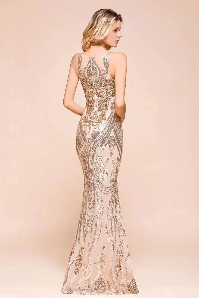 Sexy Sleeveless Mermaid Prom Gown Sparkly Gold Pattern Floor Length Straps Evening Dress by misshow.com