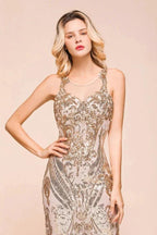 Sexy Sleeveless Mermaid Prom Gown Sparkly Gold Pattern Floor Length Straps Evening Dress by misshow.com